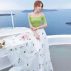 Set: Off-shoulder Short-sleeve T-shirt + Flower Embroidered Midi A-line Skirt