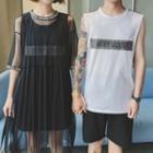 Couple Matching Set: Mesh Elbow-sleeve Dress + Crew-neck Tank Dress / Plain Shorts / Lettering Tank Top