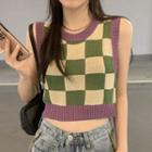 Plaid Knit Crop Tank Top Plaid - Green & Off-white - One Size