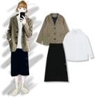Plaid Blazer / Plain Shirt / Midi A-line Skirt