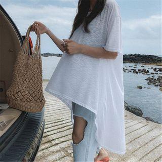 Elbow-sleeve Plain High-low T-shirt