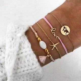 Set Of 4: Alloy & String Bracelet (assorted Designs) Set Of 4 - As Shown In Figure - One Size