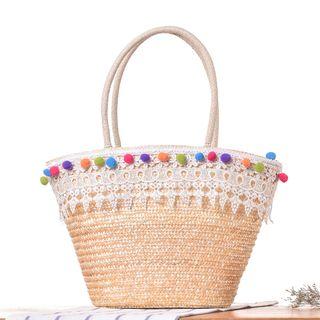Pompom-accent Lace-trim Tote