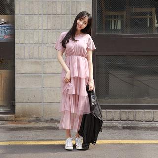 Short-sleeve Tiered-tulle T-shirt Dress