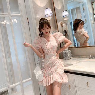 Puff-sleeve Frill Trim Floral Print A-line Mini Dress