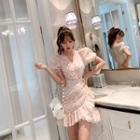 Puff-sleeve Frill Trim Floral Print A-line Mini Dress