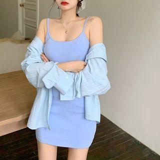 Lettering Print Shirt Jacket / Spaghetti Strap Mini Bodycon Dress