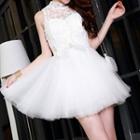 Lace Panel Sleeveless Mini Prom Dress