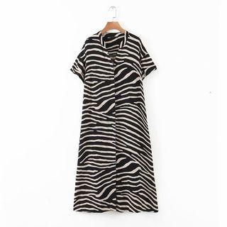 Short-sleeve Zebra Print Midi Shift Dress