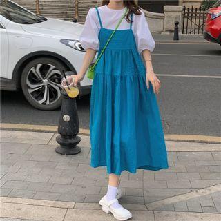 Plain Puff Short Sleeve Shirt/plain Strappy Dress