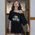 Elbow-sleeve Lettering Side-slit Open-back T-shirt