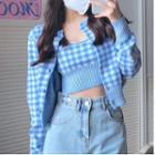 Long-sleeve Plaid Knit Cropped Cardigan / Sleeveless Cropped Top