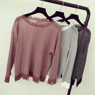 Distressed Striped Long-sleeve Knit Top