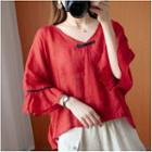 Frog-button V-neck 3/4-sleeve Blouse