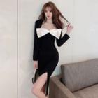 Long-sleeve Bow Accent Slit Midi Bodycon Dress