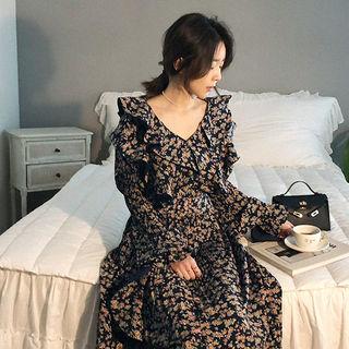 V-neck Floral Ruffled Long Shirtdress