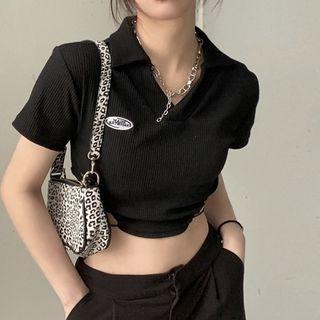 Short-sleeve Logo Ribbed Crop Polo Shirt Black - One Size