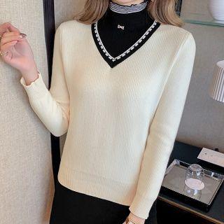 Mock-neck Two-tone Ribbed Knit Top