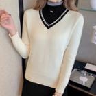 Mock-neck Two-tone Ribbed Knit Top