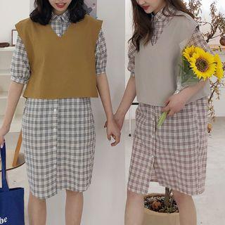 Set: Plaid Elbow Sleeve Shirt Dress + Knit Vest