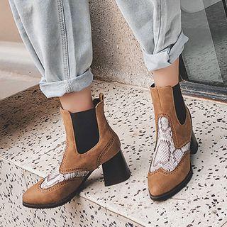 Pointed Contrast-color Block-heel Ankle Boots