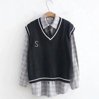 Set: Plaid Shirt + Lettering V-neck Knit Vest
