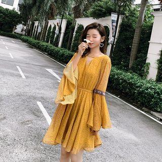 Printed Bell-sleeve Open-back Mini Sundress