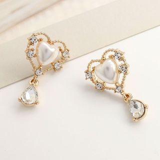 Rhinestone Heart Drop Earring 1 Pair - White Heart - Gold - One Size