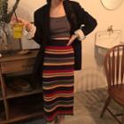 Moon Embroidered Short-sleeve T-shirt / Striped Midi Straight-cut Skirt