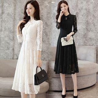 Bow Long-sleeved Tie-waist Plain Slim Lace Long Dress