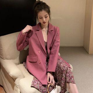 Double-breasted Loose Blazer / Layered Floral Sleeveless Dress