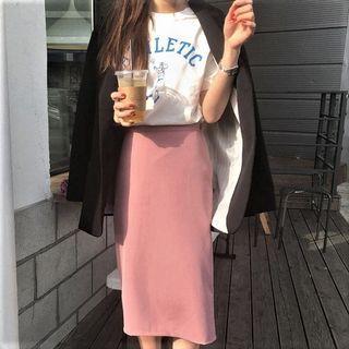 Short-sleeve Round Neck Print T-shirt / Elastic Waist Plain Slit Back Hem Skirt
