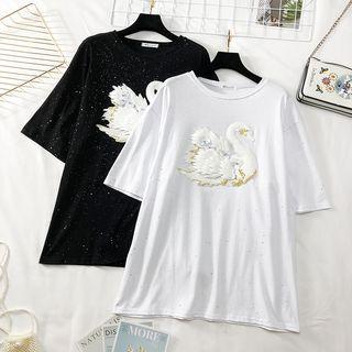 Drop-shoulder Swan-embroidered Long T-shirt