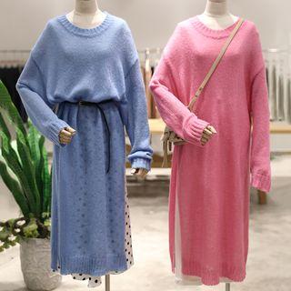 Long-sleeve Slit-side Knit Midi Dress