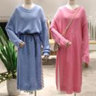 Long-sleeve Slit-side Knit Midi Dress