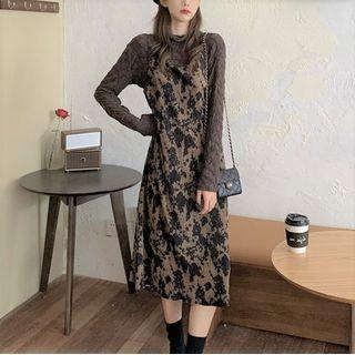 Long-sleeve Shirred Top / Leopard Print Midi Overall Dress / Set