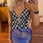 Checkered Open Back Halter Neck Camisole Top Black & White - One Size
