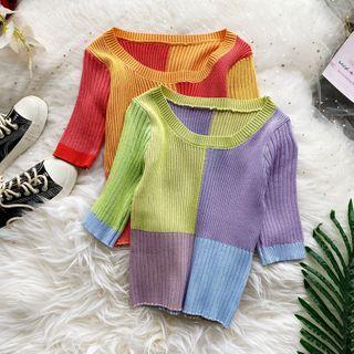 Elbow-sleeve Collar Panel Knit Top