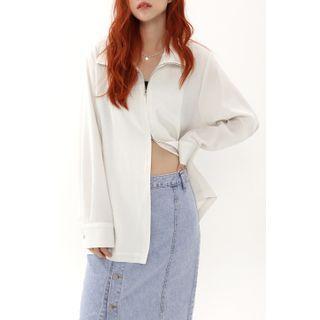Stand-collar Zip-up Jacket With Belt