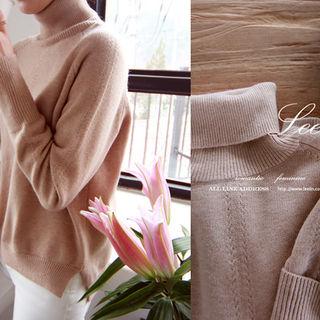 Turtle-neck Wool Blend Knit Top Beige - One Size