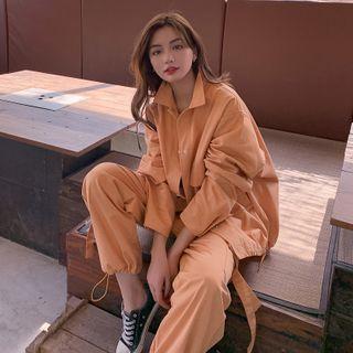 Set: Pocket-front Button-up Jacket + Drawstring-hem Cargo Pants
