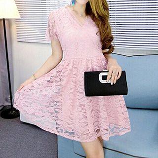 V-neck Short Sleeve A-line Lace Dress