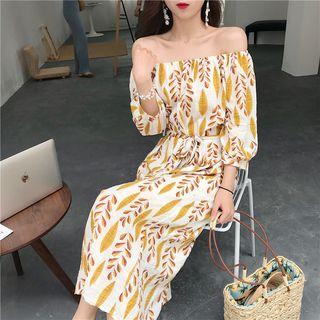 Leaf Print Off-shoulder Midi Sundress With Sash