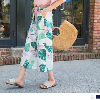 Contrast Belt Leaf Print Wide-leg Pants