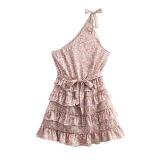 One-shoulder Floral Print Tiered Mini Dress