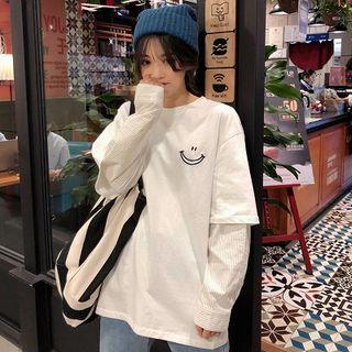 Mock Two-piece Long-sleeve Smiley Face Top