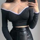 Long-sleeve Contrast Trim Halter Cropped Top