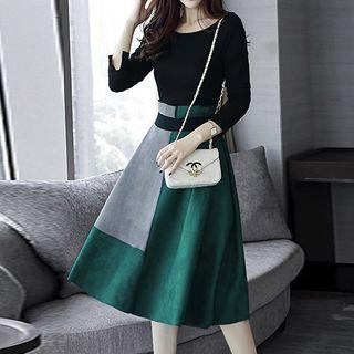 Set: Long-sleeve T-shirt + Colored Panel A-line Midi Skirt