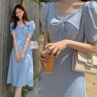 Puff-sleeve Knot A-line Dress