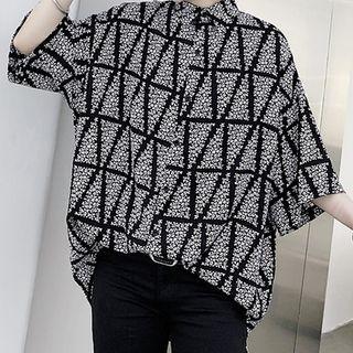 Contrast Color Printed Elbow-sleeve Shirt